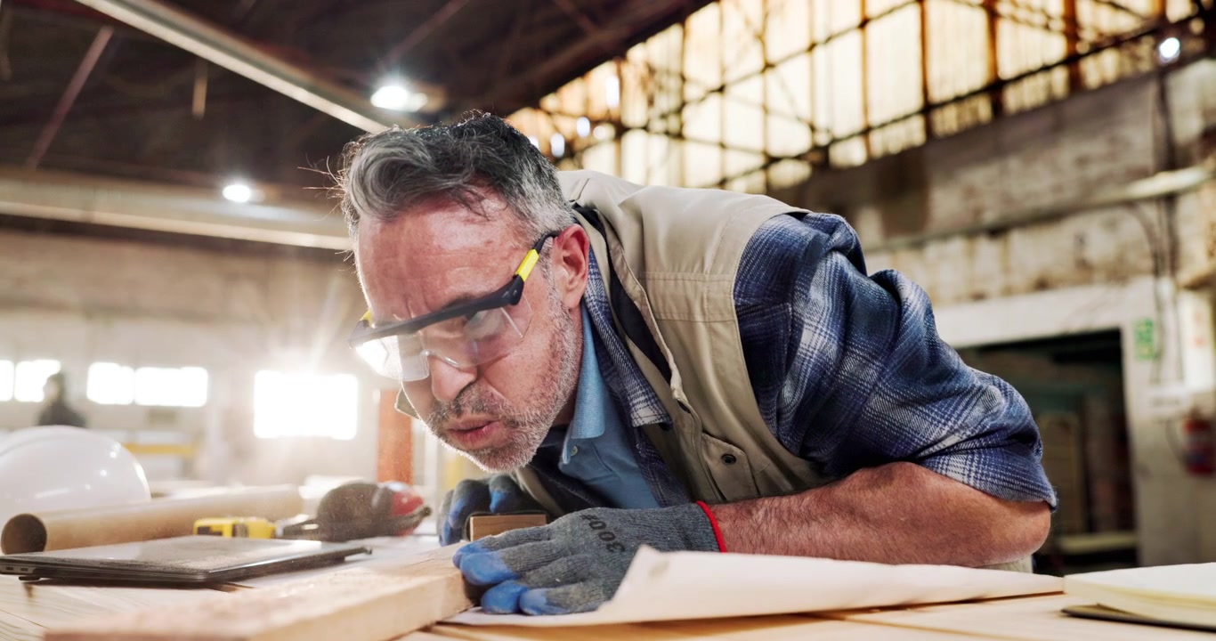 Mature Carpenter Sanding Wood in a Workshop