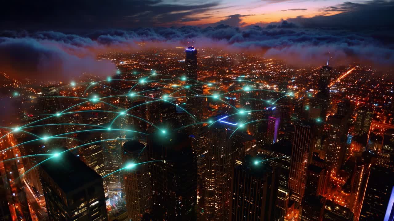 A Stunning Aerial View of a Modern Cityscape at Dusk, Illuminated with Vibrant City Lights and an Intricate Network of Connected Data Points Showing Technology's Influence on Urban Life