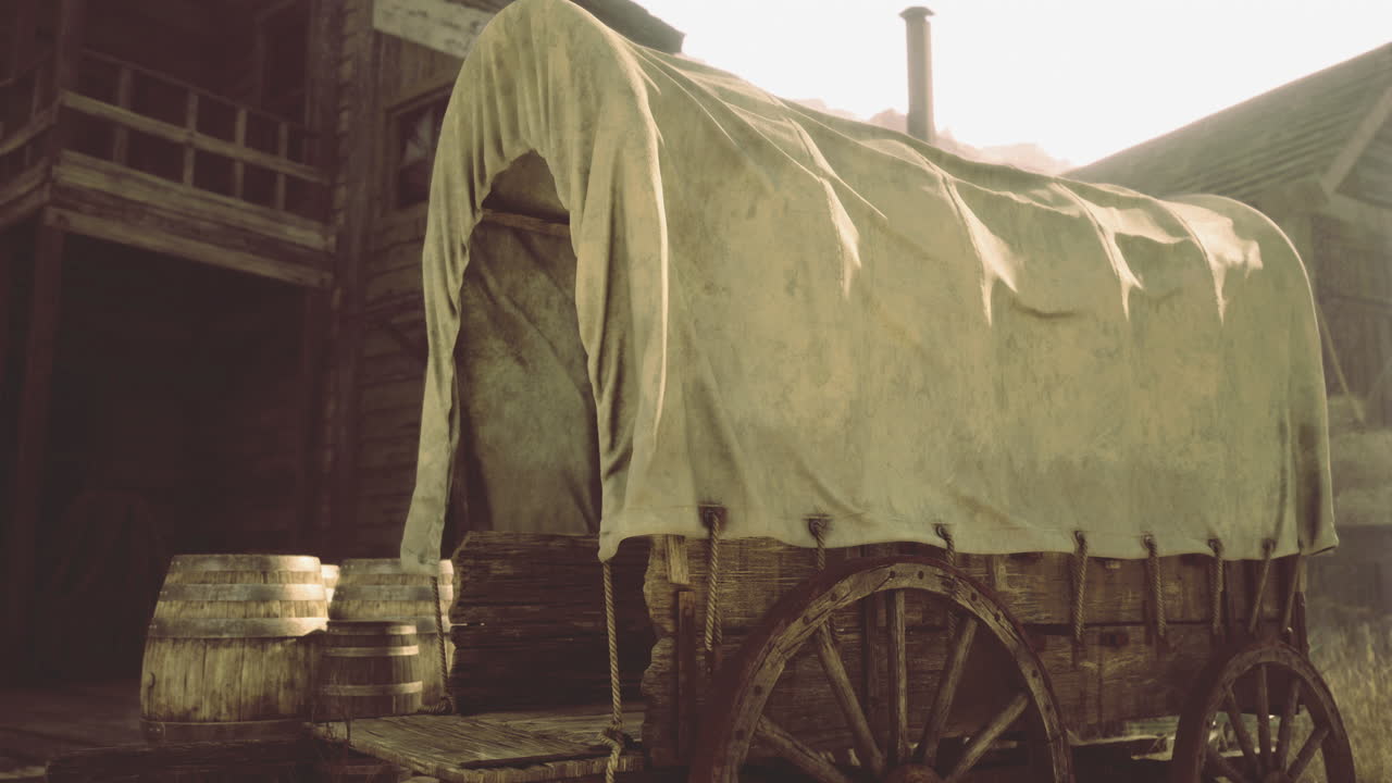 서부 마을 의 빈티지 커버 된 마차