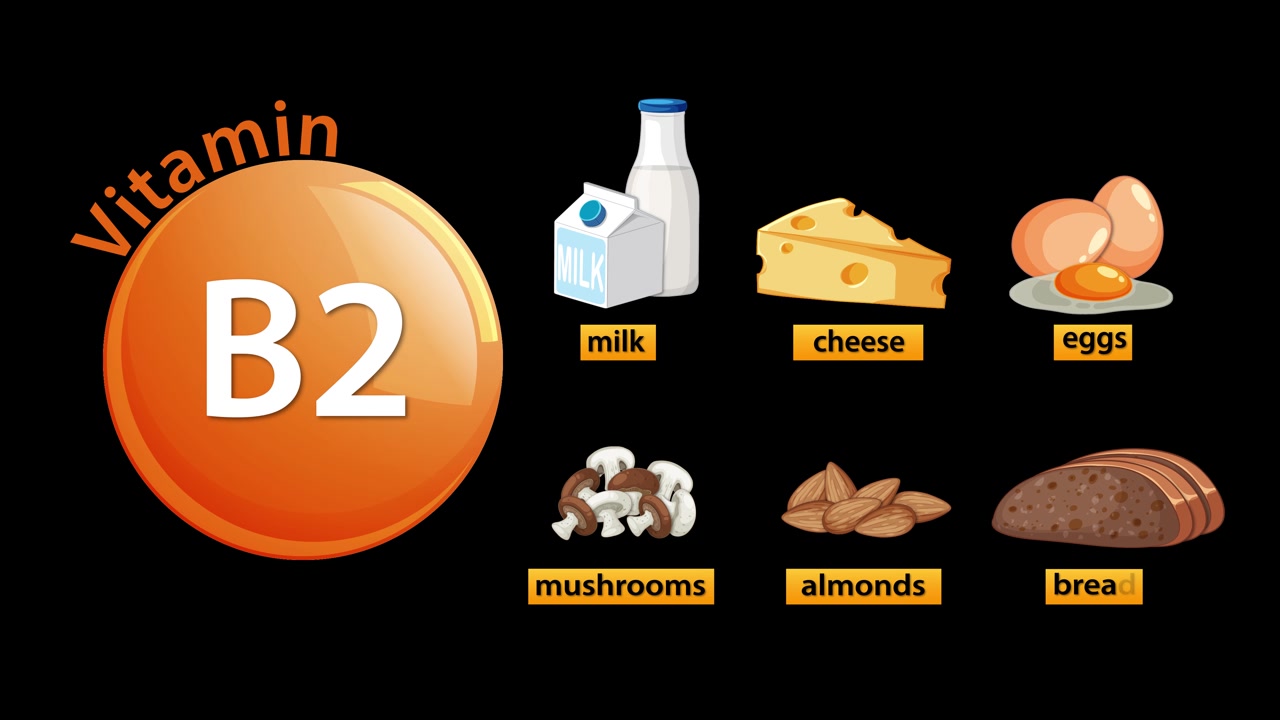 Vitamin B2 sources appear sequentially: milk, cheese, eggs, mushrooms, almonds, bread, on black background