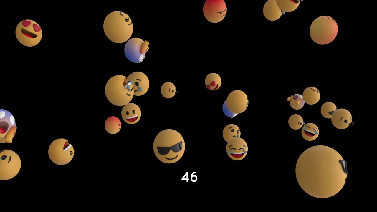 Increasing numbers on round red banner over multiple face emojis floating against black background