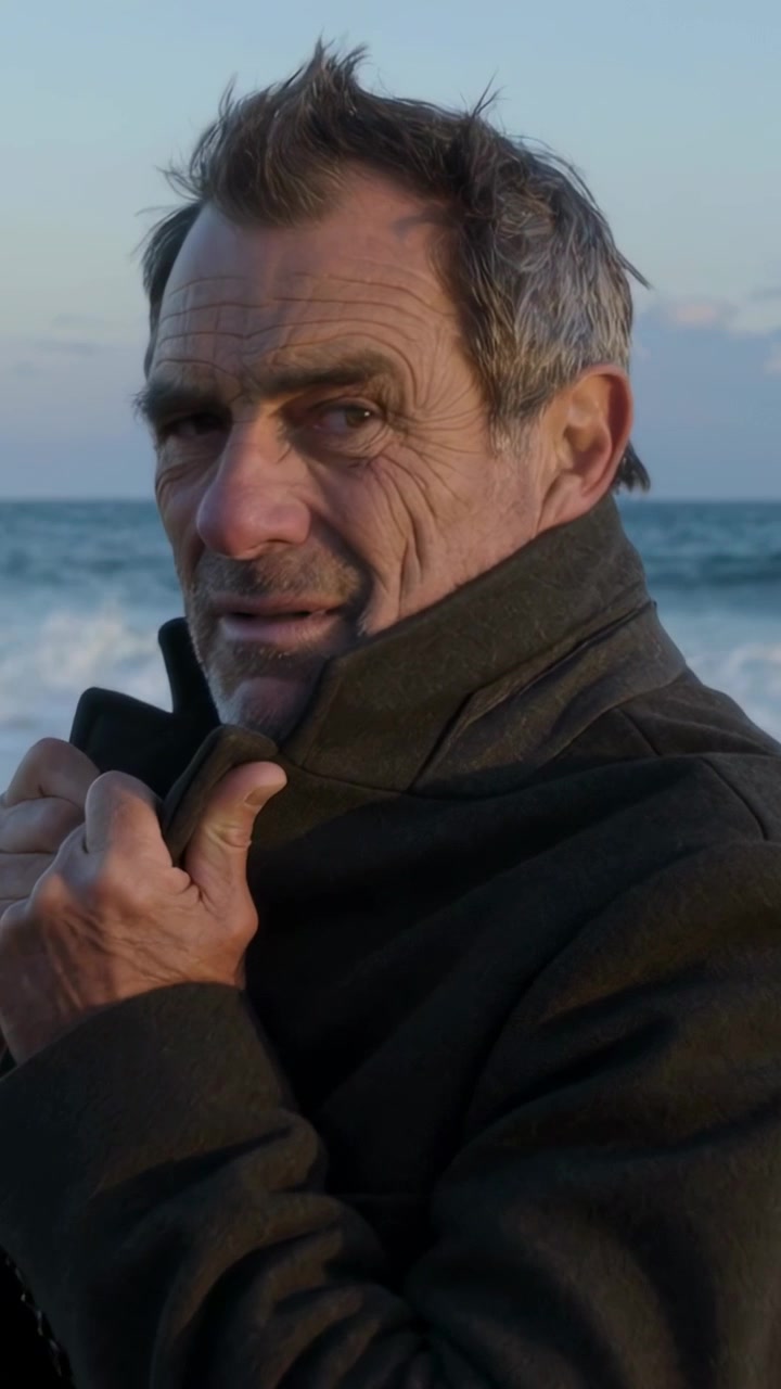 Video vertical: Hombre mayor enfrentando el viento, girando y agarrando el cuello de su abrigo oscuro en la playa con el océano.