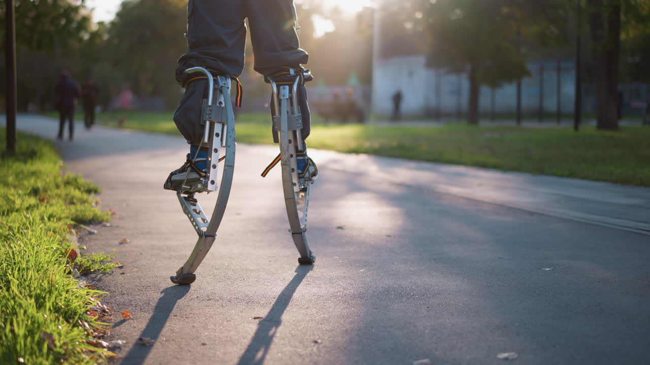 Person walking on spring stilts along paved path in sunny park, captured from low angle focusing on lower body in dark pants, with grassy edges and trees visible in bright, natural outdoor setting