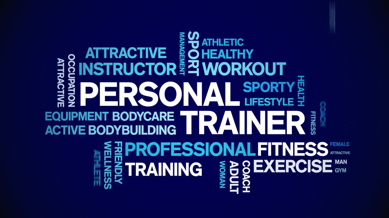 4k 개인 트레이너 애니메이션 태그, 워드 클라우드, 텍스트 디자인, 애니메이션, 원활한 루프