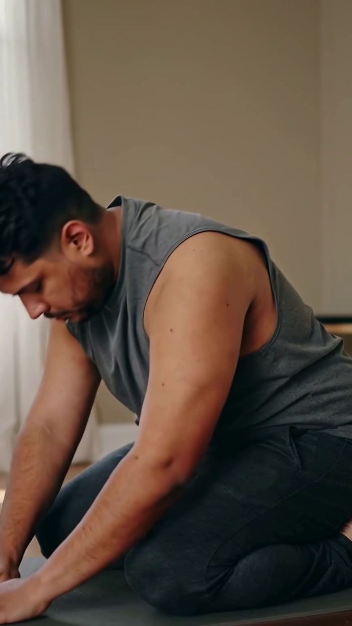 Vertical video: Inhaling man in gray top raising arms, folding, kneeling on mat at home, for breath