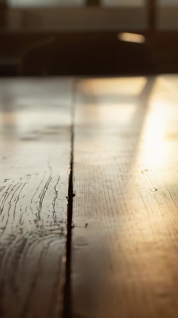 Vertikales Video: Bewegte Kamera enthüllt Fuge eines Holzbodens im Wohnzimmer, Sonnenlicht hebt Maserung hervor.