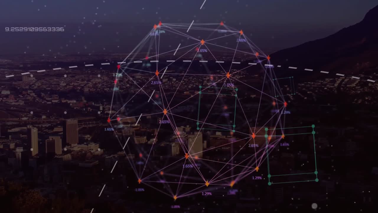 Composition of globe with network of connections and cityscape