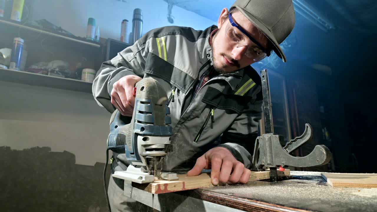 회색 오버롤과 보호 안경을 입은 수염을 가진 젊은 남자가 직업으로 목수는 그의 집 작업장에서 전기 퍼즐로 일합니다.