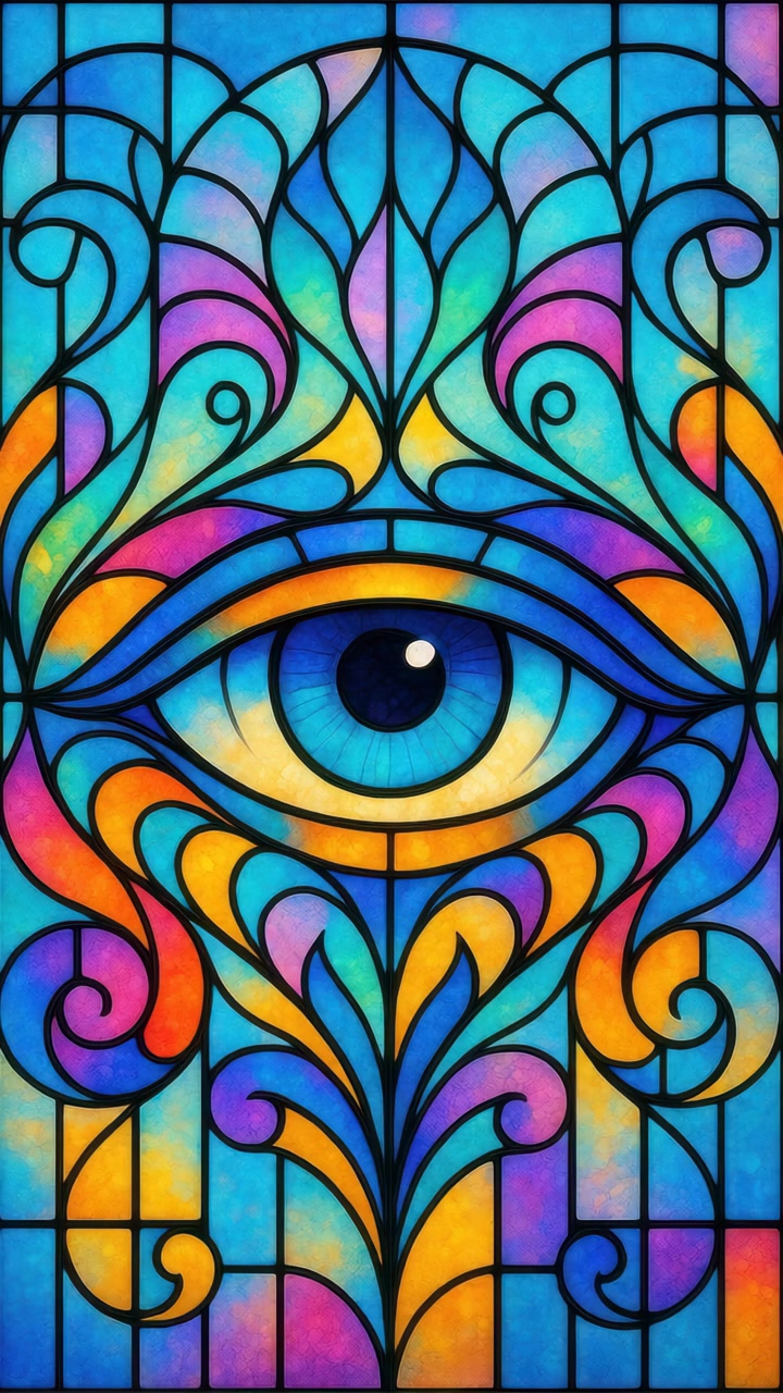 Occhio in Vetrata Vivace che Ammicca con Motivi Colorati e Ornati