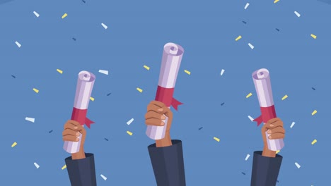 las manos levantando diplomas de graduación animación