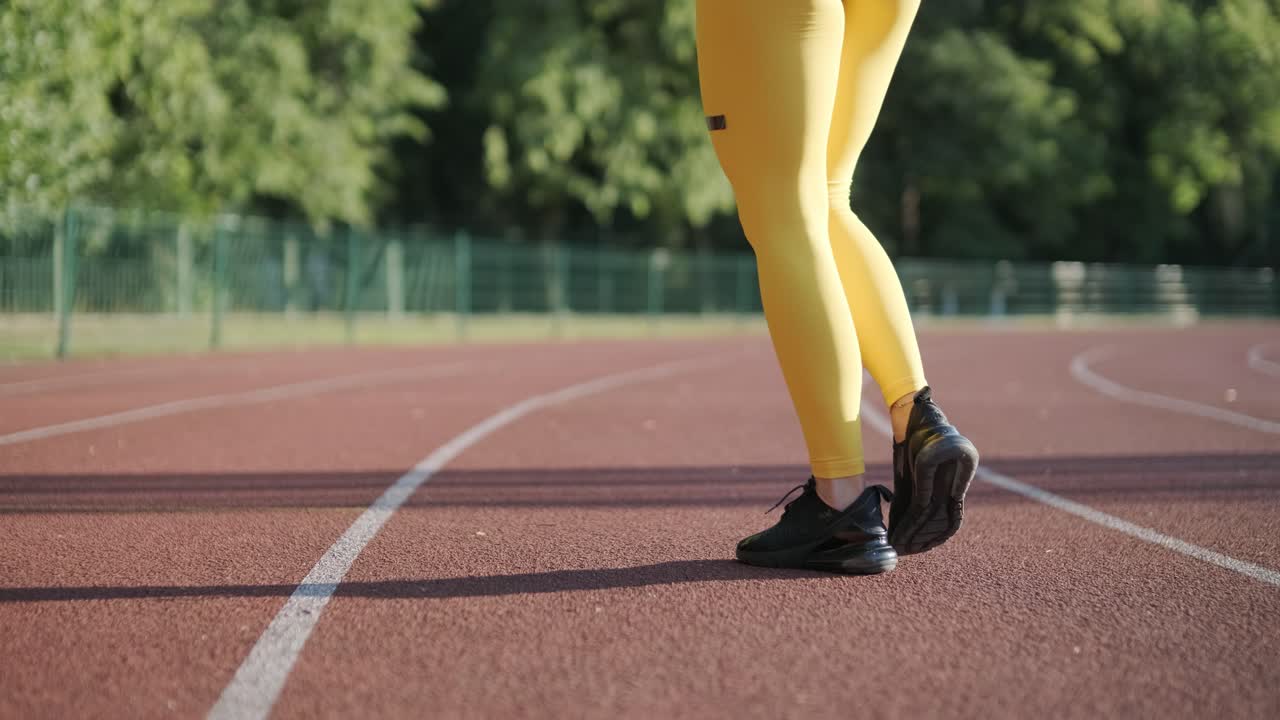 스포츠 의복 을 입고 야외 트랙 에서 달리는 여자 운동 선수