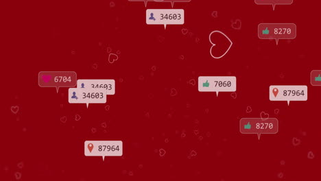 Floating social media notifications and icons with hearts over red background animation