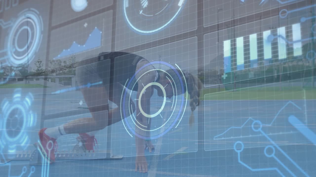 Woman athlete starting on all fours on blue track, doing tuck jumps, training core, HUD overlaying