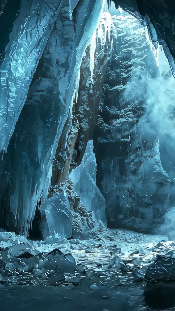 Vertical video: Drifting mist guiding camera moving into ice cavern, revealing falling ice crystals