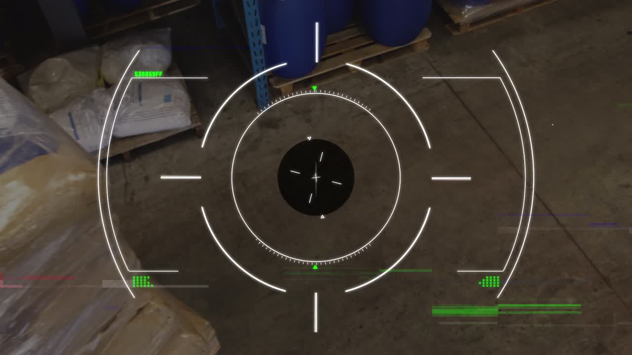 Animation of data processing over caucasian worker in warehouse