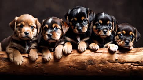 a group of puppies sitting on top of a wooden log