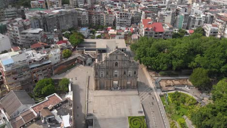 Aerial-view-approaching-famous-Ruins-of-Saint-Paul's,-Macau