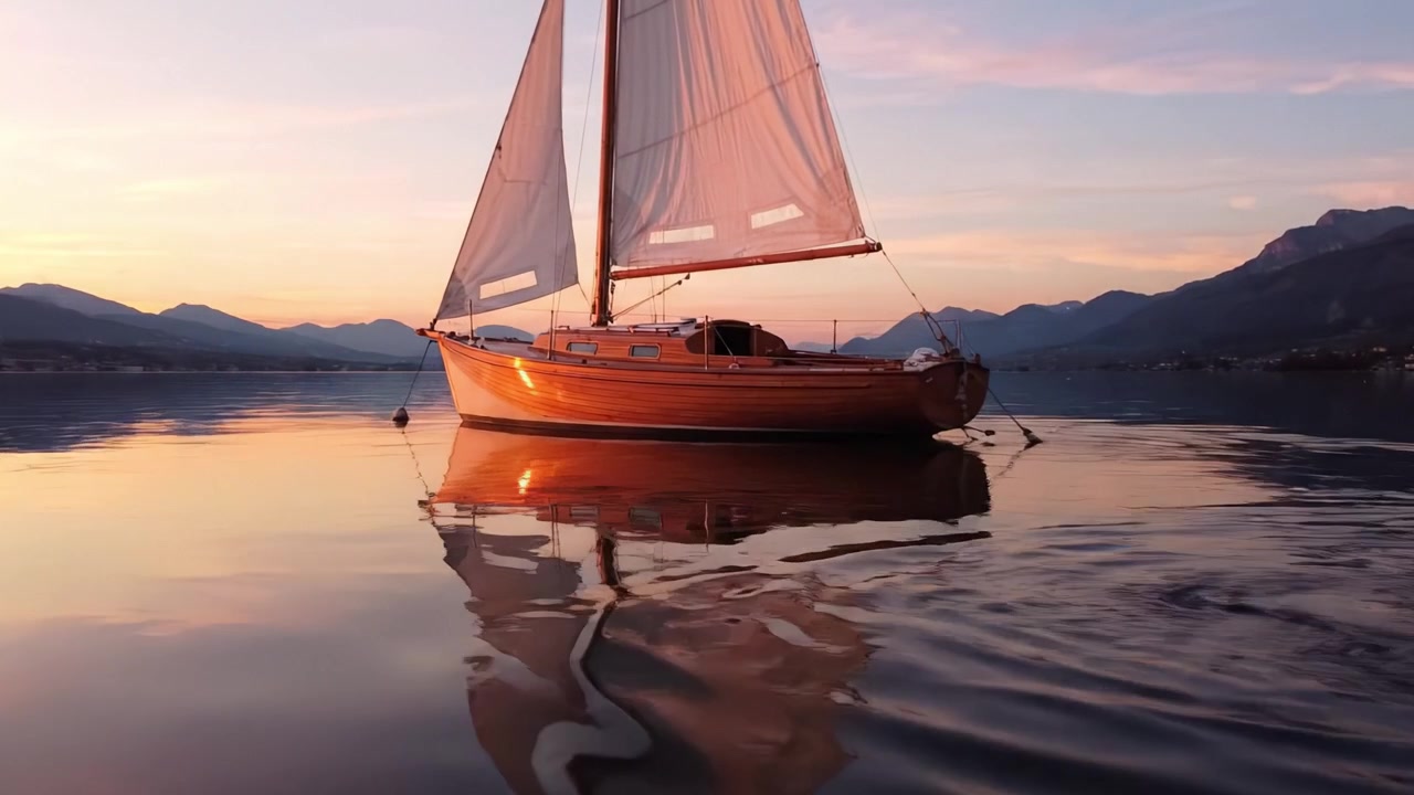 Un Tramonto Sereno su Acque Tranquille con una Barca a Vela Splendidamente Rifinita che Riflette la Tranquillità e la Tavolozza della Natura nella Famosa Ora d'Oro