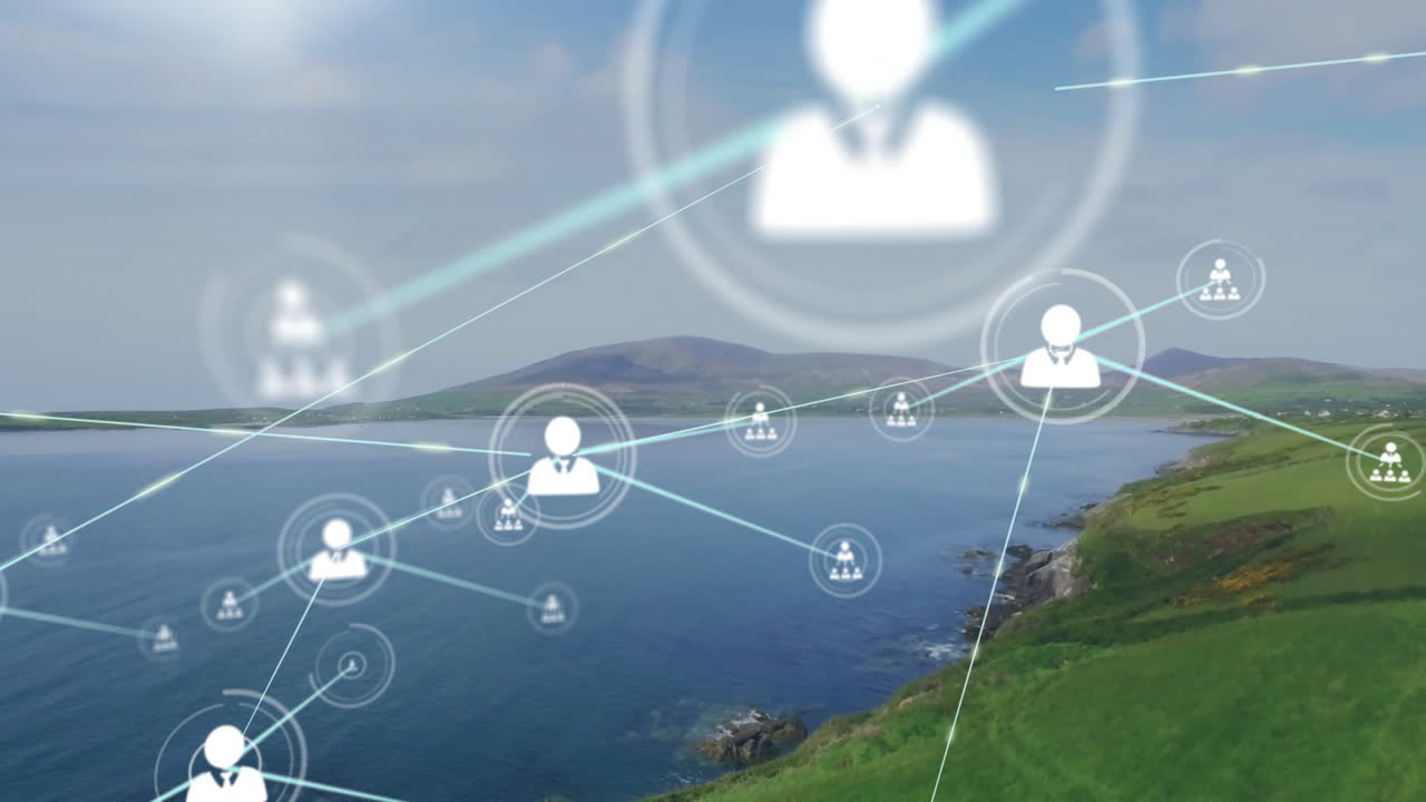 red de conexiones y animación de procesamiento de datos sobre el paisaje costero