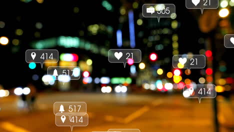 animation of icons and data processing over out of focus city