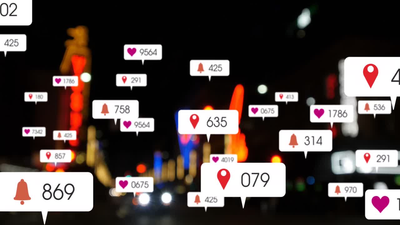 소셜 미디어 아이콘과 숫자의 애니메이션 초점이 맞지 않은 도시 및 자동차 불빛