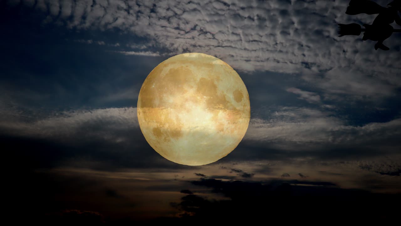 할로윈 무서운 장면 배경 밤 하늘과 달, 마법사 비행