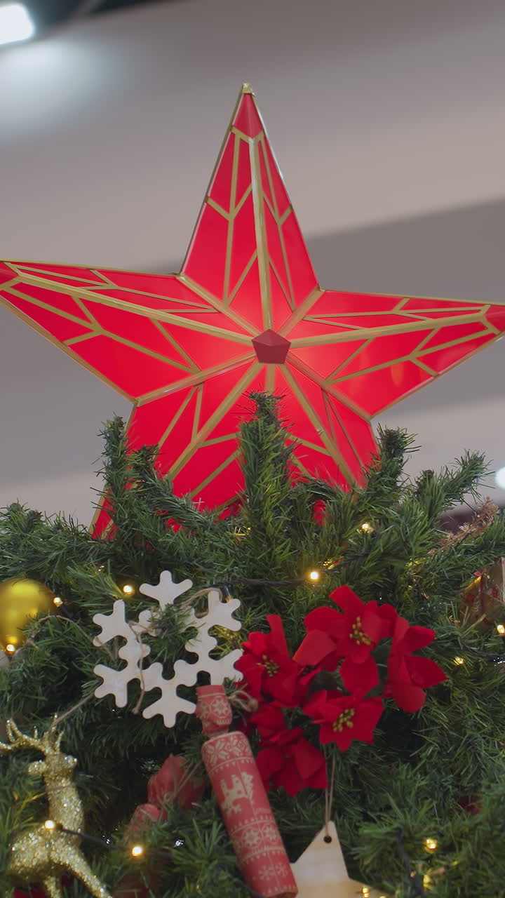 Close-up of beautifully decorated Christmas tree with glowing red star topper, golden ornaments, snowflakes, poinsettias, and festive decorations adorn lush green branches