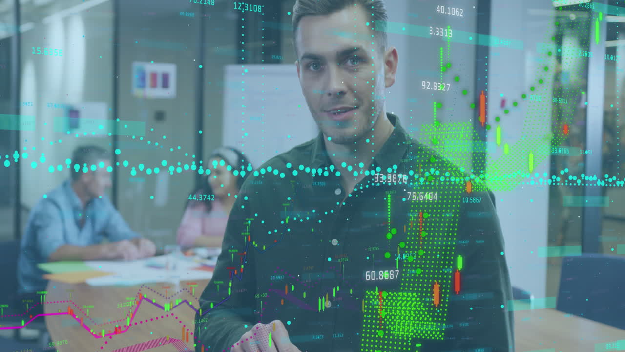 Animation of data processing over diverse business people working in ...