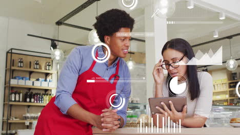 animation of multiple graphs moving over diverse coworkers discussing over tablet in office