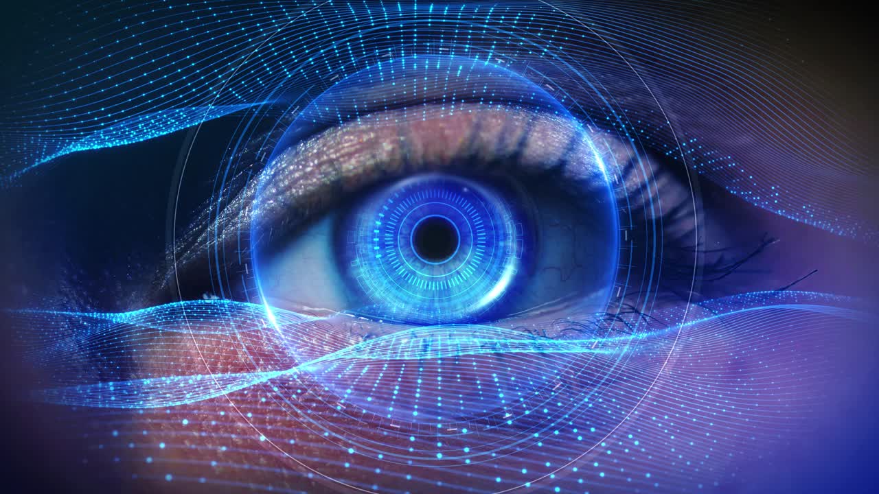 Futuristic animation human eye technology innovation cyber biometric digital artificial intelligence