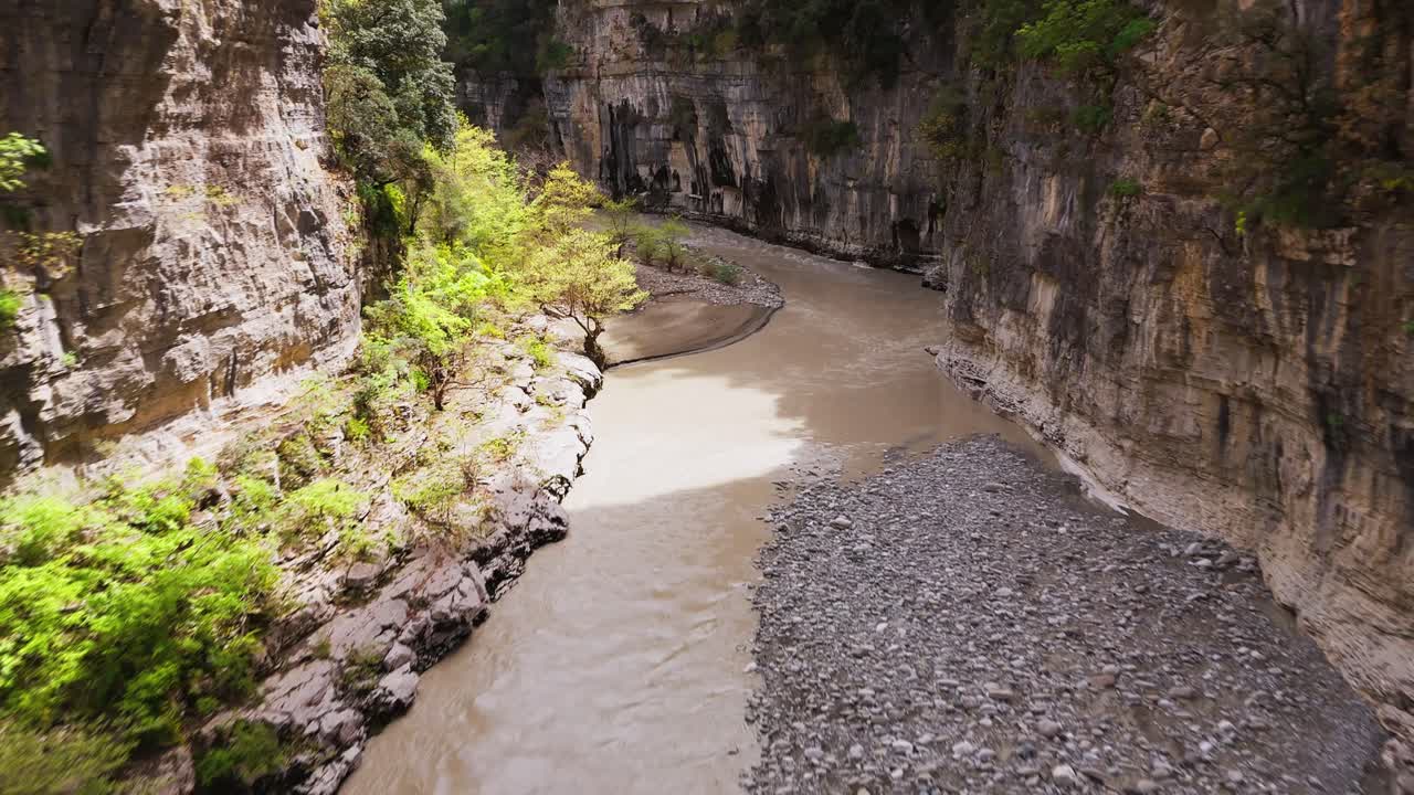 Drone view of scenic Osum Canyon in Berat, Albania, peaceful nature