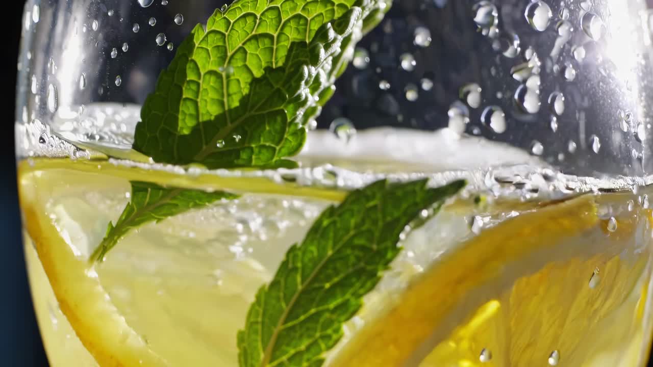 Bevanda rinfrescante al limone e menta con bollicine frizzanti in un bicchiere