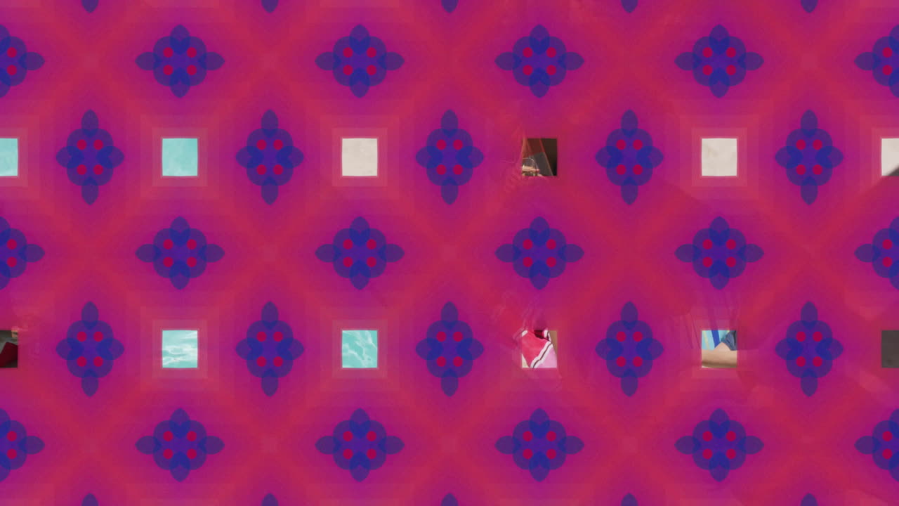 Holding microphone on stage, person with abstract purple animation pattern overlay