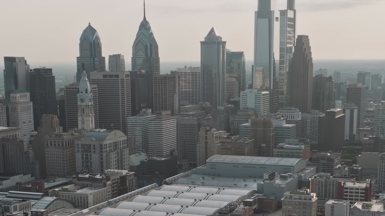 Aerial view of Philadelphia's skyline with modern and historic buildings