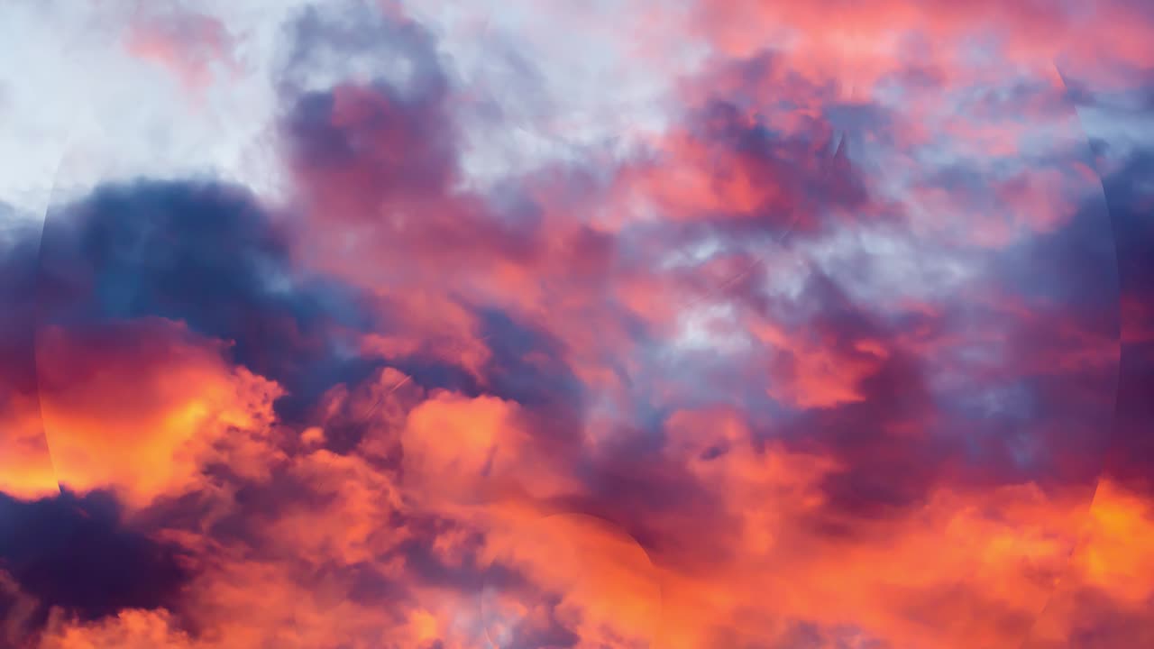 video de paralaje creativo de 4k del cielo al atardecer con nubes en movimiento contra el fondo del símbolo yin yang extendiéndose a los lados. concepto de meditación, mente abierta.