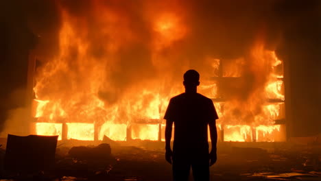 silhouette of a person standing before a burning building