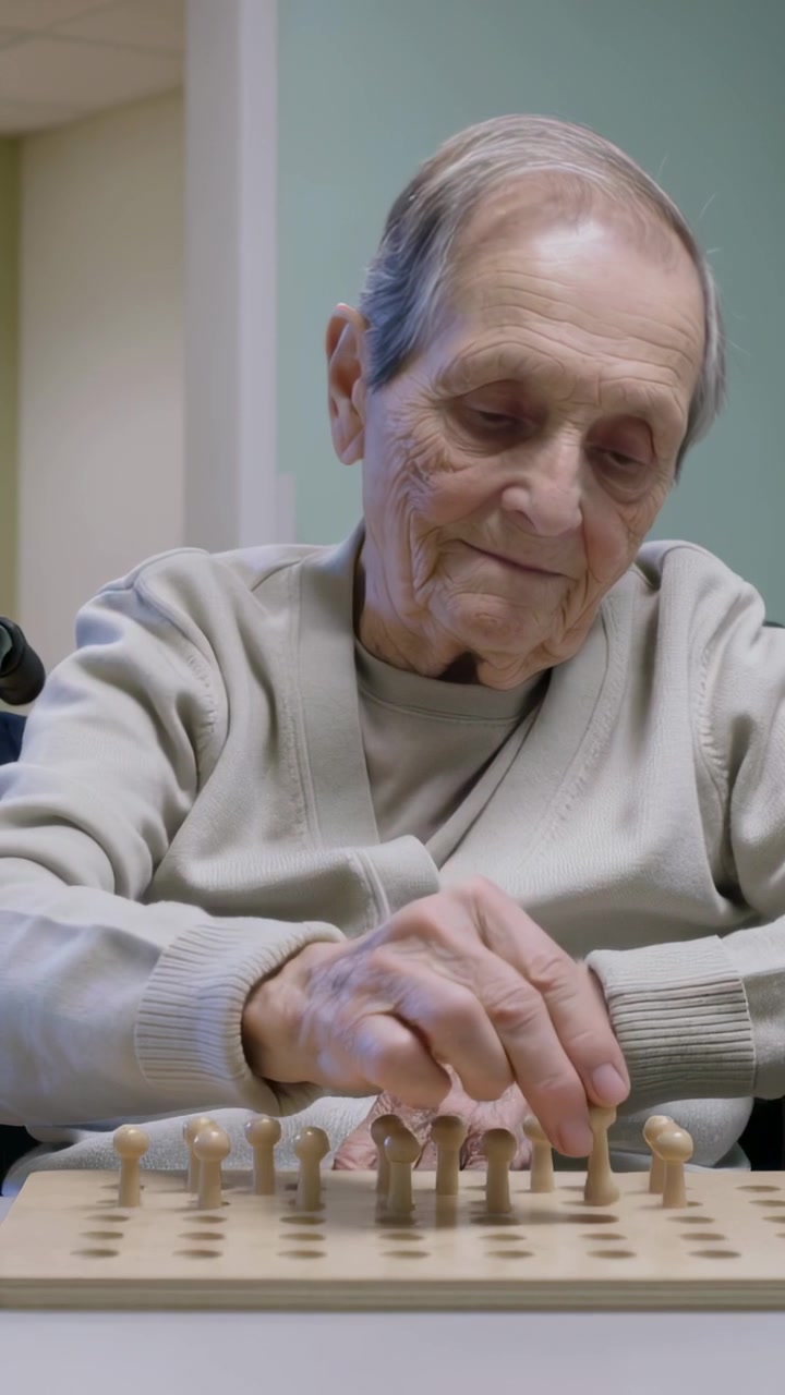 Vertical video: Scanning pegboard, senior man reaching, placing pegs in care room, wearing cardigan