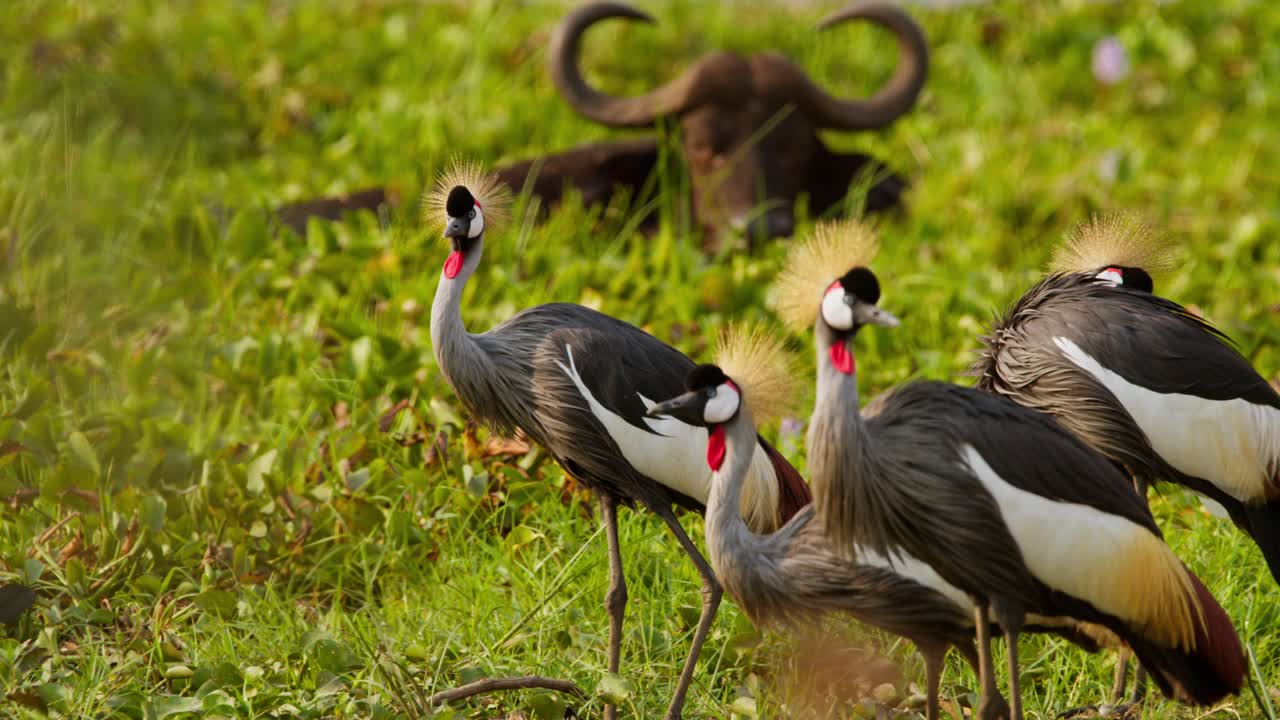 Group of grey crowned cranes (Balearica regulorum) stride across Nile wetland grass, with an African buffalo (Syncerus caffer) resting behind, captured in Murchison Falls National Park.