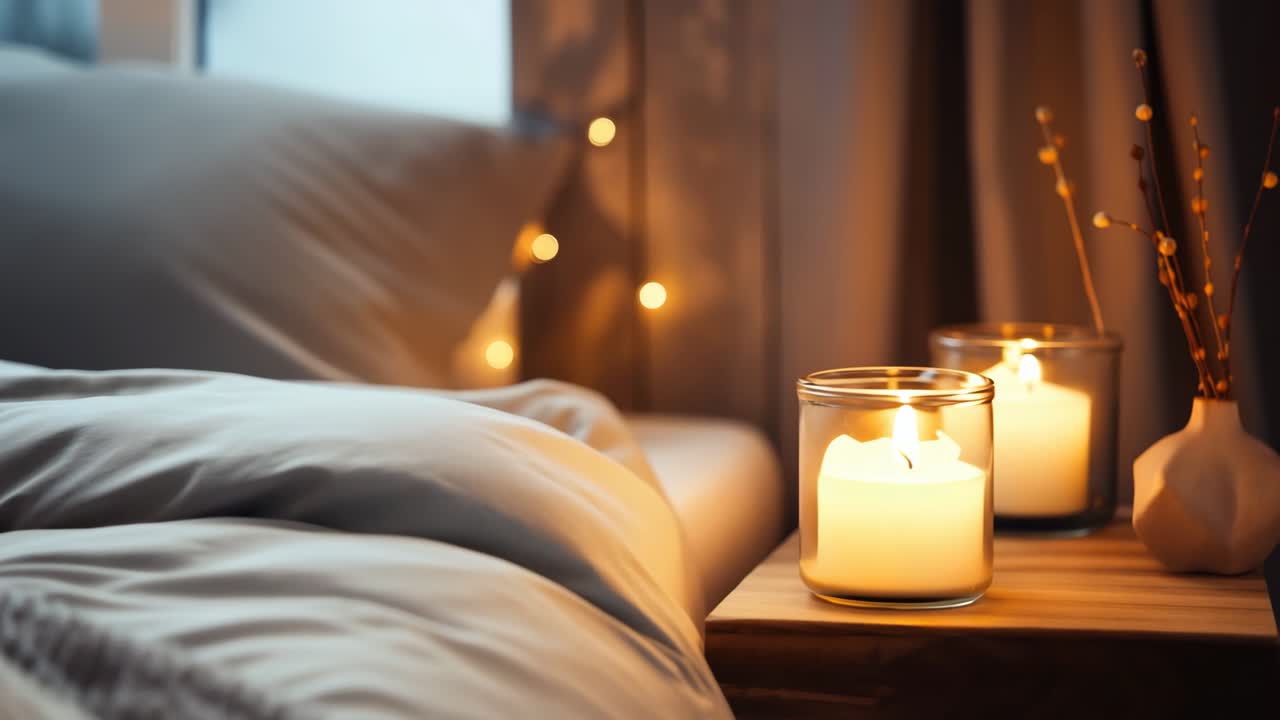 Cozy bedroom scene with lit candles on a bedside table, captured from a low angle