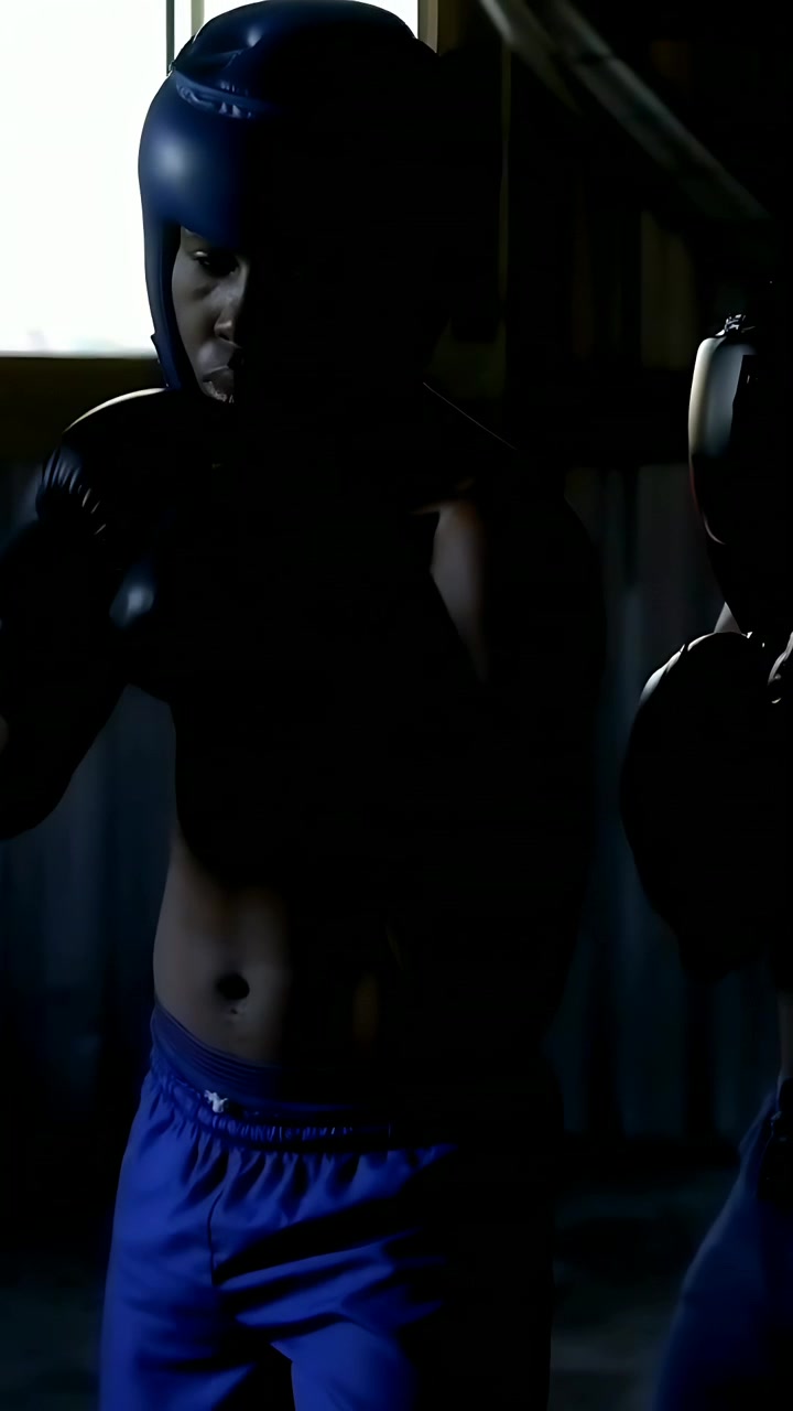 Video verticale: Pugile che si sposta a sinistra e sferra jab in palestra, allenandosi nello sparring con caschetto e guantoni.