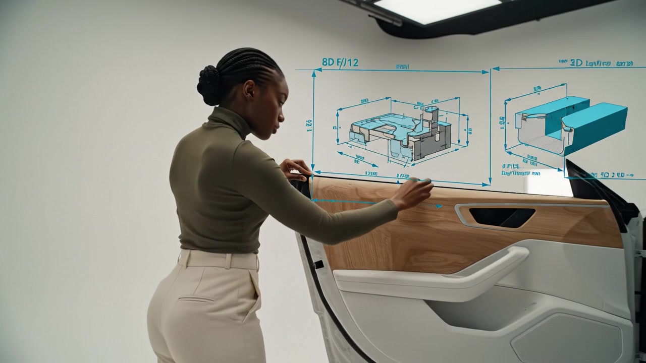 A poised woman carefully demonstrates the intricate detailing of an elegant car door interior, showcasing modern design and craftsmanship in a studio setting.