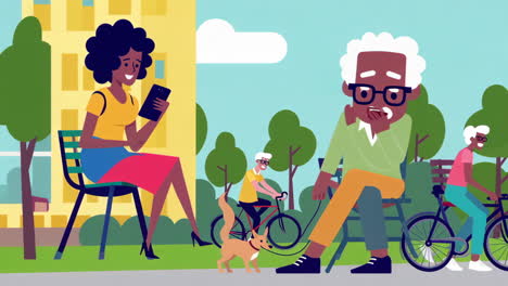 diverse people enjoying outdoor activities in a city park