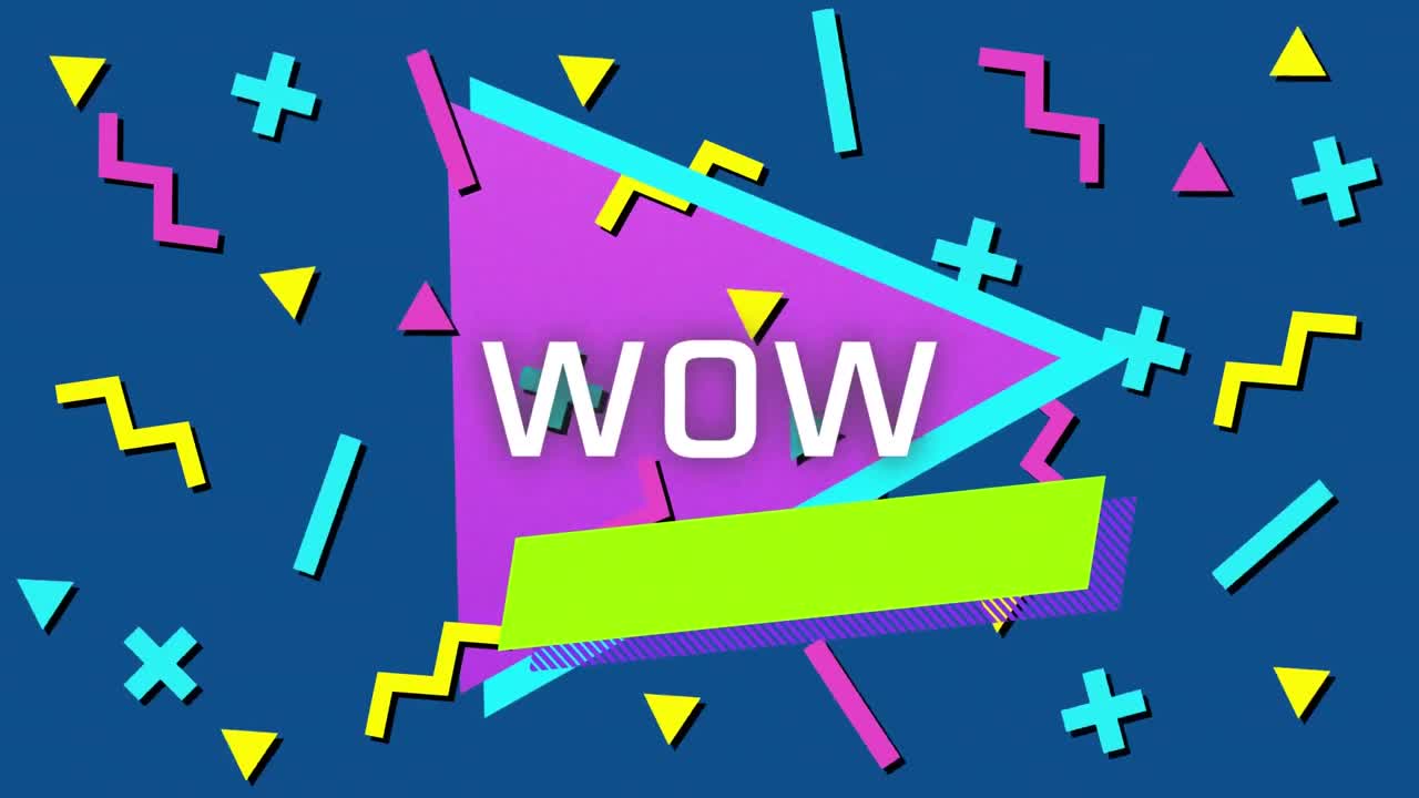 움직이고 변화하는 여러 가지 다채로운 모양 위에 와우 텍스트의 애니메이션