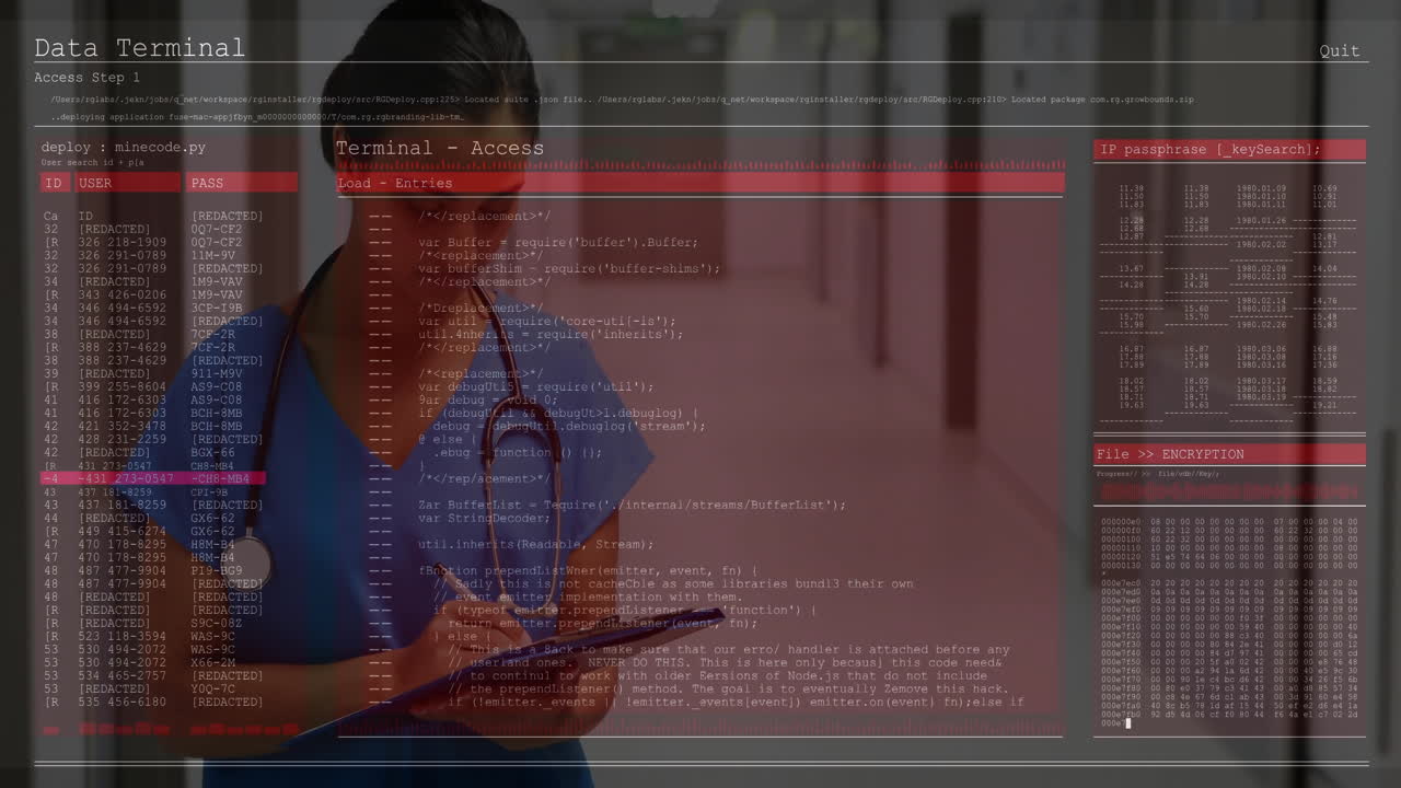 female nurse scanning data on handheld device in hospital corridor, displaying encrypted code