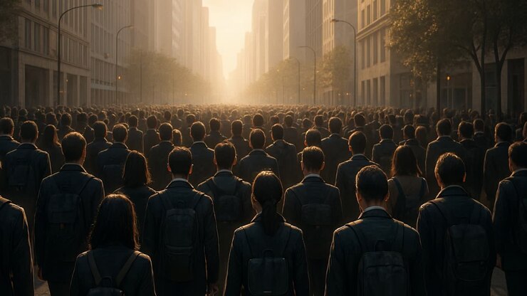 A large group of individuals dressed in business attire walks down a bustling city street. The sun begins to set, casting a warm golden glow over the scene, creating a dramatic atmosphere. Tall buildings line the street as people move purposefully, some with backpacks and briefcases. The diversity a
