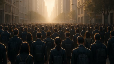 a large group of individuals dressed in business attire walks down a bustling city street. the sun begins to set, casting a warm golden glow over the scene, creating a dramatic atmosphere. tall buildings line the street as people move purposefully, some with backpacks and briefcases. the diversity a