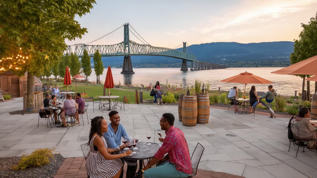 Charming Sunset at Riverside Pavilion with Friends Enjoying Drinks and Scenic Views of the Bridge Over the Water in a Relaxed Atmosphere