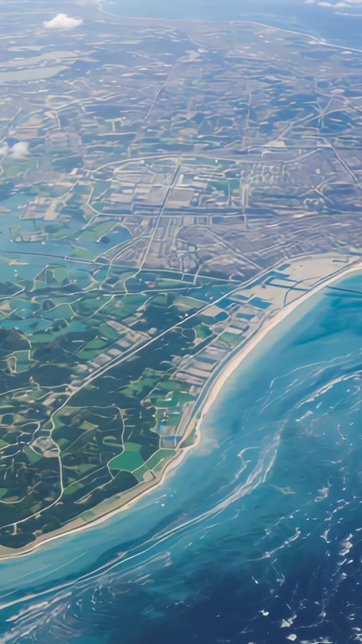 Vertical video: Climbing aircraft showing farmland mosaics over coastline via window, with clouds