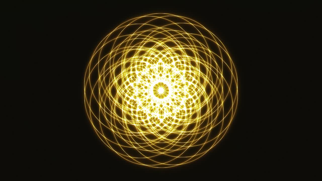esfera de geometría sagrada amarilla, girando, formas de transformación, bucle de vj sin costura, fondo negro