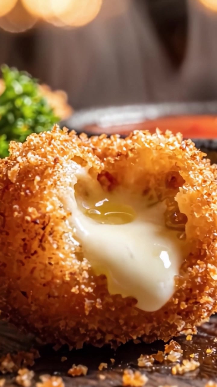 A Close-Up of Golden, Crispy Fried Cheese Balls with Melted Cheese Interior, Accompanied by Fresh Greens and a Rich Tomato Sauce for Dipping